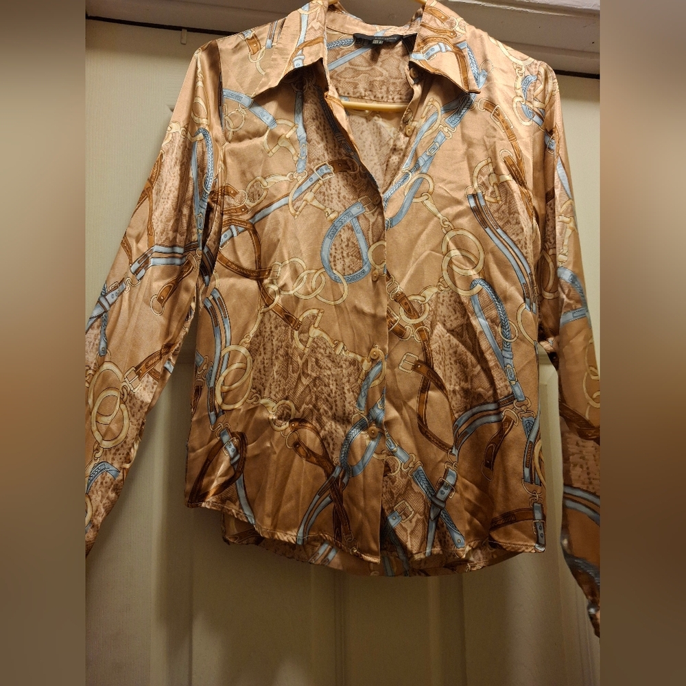 Brown and Blue Chain Print Blouse